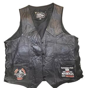 Leather Works Genuine Leather Motorcycle Biker Vest Size 42 Black Patches Men